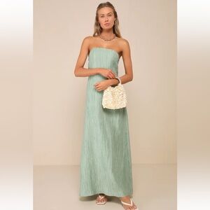 Lulus Radiant Season Sage Green Plisse Cutout Strapless Maxi Dress